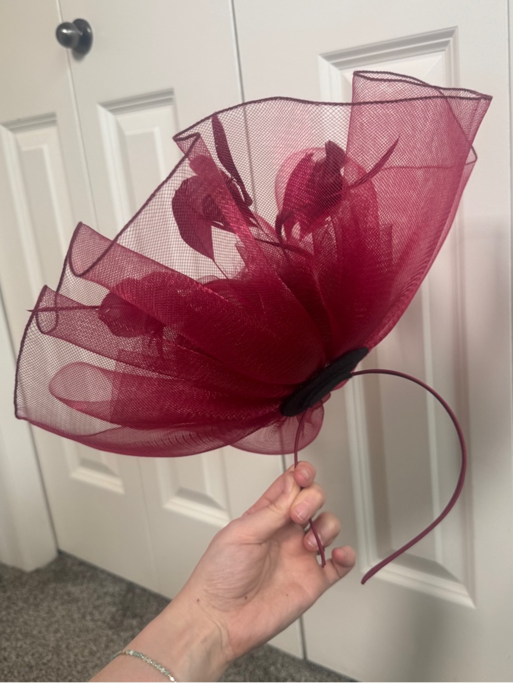 Kentucky Derby Fascinator Hat Burgundy Red Pink Large Mesh Feather Headband